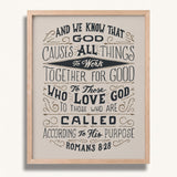 Romans 8:28 All Things For Good framed Christian wall art hand-drawn by Scripture Type #color_stone