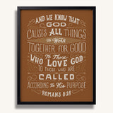 Romans 8:28 All Things For Good framed Christian wall art hand-drawn by Scripture Type #color_terracotta