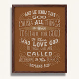 Romans 8:28 All Things For Good framed Christian wall art hand-drawn by Scripture Type #color_terracotta