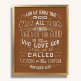 Romans 8:28 All Things For Good framed Christian wall art hand-drawn by Scripture Type #color_terracotta