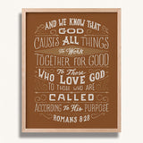 Romans 8:28 All Things For Good framed Christian wall art hand-drawn by Scripture Type #color_terracotta