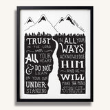 Trust in the Lord with all your heart Proverbs 3:5-6  Scripture framed wall art hand-drawn by Scripture Type #color_black & white