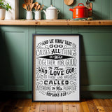 Romans 8:28 All Things For Good framed Christian wall art hand-drawn by Scripture Type #color_black & white