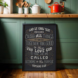 Romans 8:28 All Things For Good framed Christian wall art hand-drawn by Scripture Type #color_charcoal