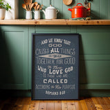Romans 8:28 All Things For Good framed Christian wall art hand-drawn by Scripture Type #color_navy
