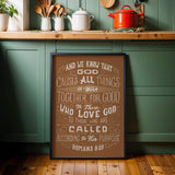 Romans 8:28 All Things For Good framed Christian wall art hand-drawn by Scripture Type #color_terracotta