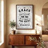 My Grace is Sufficient 2 Corinthians 12:9 framed canvas wall art hand-drawn by Scripture Type #color_black & white