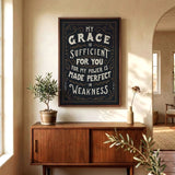 My Grace is Sufficient 2 Corinthians 12:9 framed canvas wall art hand-drawn by Scripture Type #color_charcoal