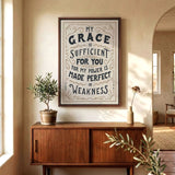 My Grace is Sufficient 2 Corinthians 12:9 framed canvas wall art hand-drawn by Scripture Type #color_stone
