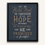 Hold Fast Hebrews 10:23 Framed canvas wall art hand-drawn Scripture typography by Scripture Type #color_navy