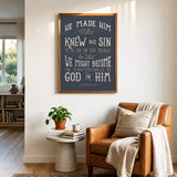 2 Corinthians 5:21  Knew No Sin framed art print by Scripture Type  #color_navy