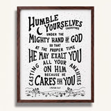 Humble yourselves casting all your anxieties on Him 1 Peter 5:6-7 framed Scripture wall art hand-drawn by Scripture Type #color_black & white