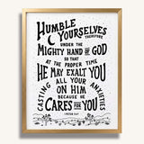 Humble yourselves casting all your anxieties on Him 1 Peter 5:6-7 framed Scripture wall art hand-drawn by Scripture Type #color_black & white
