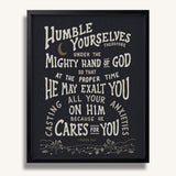 Humble yourselves casting all your anxieties on Him 1 Peter 5:6-7 framed Scripture wall art hand-drawn by Scripture Type #color_charcoal