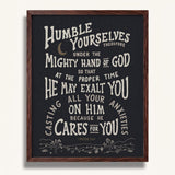 Humble yourselves casting all your anxieties on Him 1 Peter 5:6-7 framed Scripture wall art hand-drawn by Scripture Type #color_charcoal