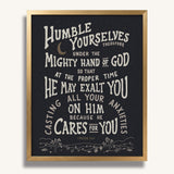 Humble yourselves casting all your anxieties on Him 1 Peter 5:6-7 framed Scripture wall art hand-drawn by Scripture Type #color_charcoal