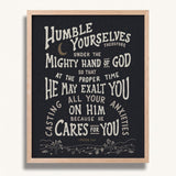 Humble yourselves casting all your anxieties on Him 1 Peter 5:6-7 framed Scripture wall art hand-drawn by Scripture Type #color_charcoal