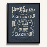 Humble yourselves casting all your anxieties on Him 1 Peter 5:6-7 framed Scripture wall art hand-drawn by Scripture Type #color_navy