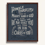 Humble yourselves casting all your anxieties on Him 1 Peter 5:6-7 framed Scripture wall art hand-drawn by Scripture Type #color_navy