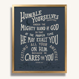 Humble yourselves casting all your anxieties on Him 1 Peter 5:6-7 framed Scripture wall art hand-drawn by Scripture Type #color_navy