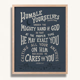 Humble yourselves casting all your anxieties on Him 1 Peter 5:6-7 framed Scripture wall art hand-drawn by Scripture Type #color_navy