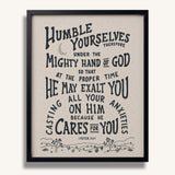 Humble yourselves casting all your anxieties on Him 1 Peter 5:6-7 framed Scripture wall art hand-drawn by Scripture Type #color_stone