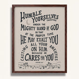 Humble yourselves casting all your anxieties on Him 1 Peter 5:6-7 framed Scripture wall art hand-drawn by Scripture Type #color_stone