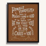 Humble yourselves casting all your anxieties on Him 1 Peter 5:6-7 framed Scripture wall art hand-drawn by Scripture Type #color_terracotta