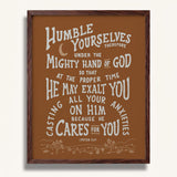 Humble yourselves casting all your anxieties on Him 1 Peter 5:6-7 framed Scripture wall art hand-drawn by Scripture Type #color_terracotta