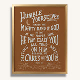 Humble yourselves casting all your anxieties on Him 1 Peter 5:6-7 framed Scripture wall art hand-drawn by Scripture Type #color_terracotta