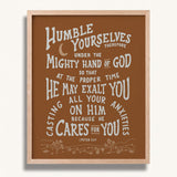 Humble yourselves casting all your anxieties on Him 1 Peter 5:6-7 framed Scripture wall art hand-drawn by Scripture Type #color_terracotta