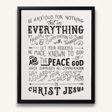 Be anxious for nothing Philippians 4:6-7  framed Scripture wall art hand-drawn by Scripture Type #color_black & white