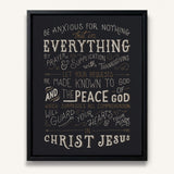 Be anxious for nothing Philippians 4:6-7  framed Scripture wall art hand-drawn by Scripture Type #color_charcoal