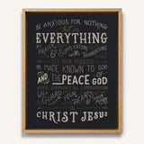 Be anxious for nothing Philippians 4:6-7  framed Scripture wall art hand-drawn by Scripture Type #color_charcoal