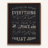 Be anxious for nothing Philippians 4:6-7  framed Scripture wall art hand-drawn by Scripture Type #color_charcoal