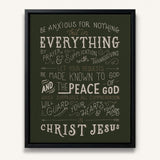 Be anxious for nothing Philippians 4:6-7  framed Scripture wall art hand-drawn by Scripture Type #color_forest