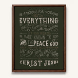 Be anxious for nothing Philippians 4:6-7  framed Scripture wall art hand-drawn by Scripture Type #color_forest