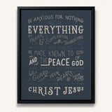 Be anxious for nothing Philippians 4:6-7  framed Scripture wall art hand-drawn by Scripture Type #color_navy