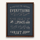 Be anxious for nothing Philippians 4:6-7  framed Scripture wall art hand-drawn by Scripture Type #color_navy