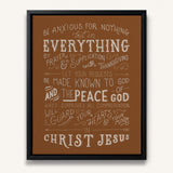 Be anxious for nothing Philippians 4:6-7  framed Scripture wall art hand-drawn by Scripture Type #color_terracotta