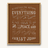 Be anxious for nothing Philippians 4:6-7  framed Scripture wall art hand-drawn by Scripture Type #color_terracotta