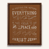 Be anxious for nothing Philippians 4:6-7  framed Scripture wall art hand-drawn by Scripture Type #color_terracotta