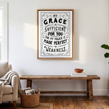 My Grace is Sufficient 2 Corinthians 12:9 framed canvas wall art hand-drawn by Scripture Type #color_black & white