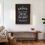 My Grace is Sufficient 2 Corinthians 12:9 framed canvas wall art hand-drawn by Scripture Type #color_charcoal