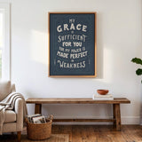 My Grace is Sufficient 2 Corinthians 12:9 framed canvas wall art hand-drawn by Scripture Type #color_navy