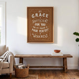 My Grace is Sufficient 2 Corinthians 12:9 framed canvas wall art hand-drawn by Scripture Type #color_terracotta