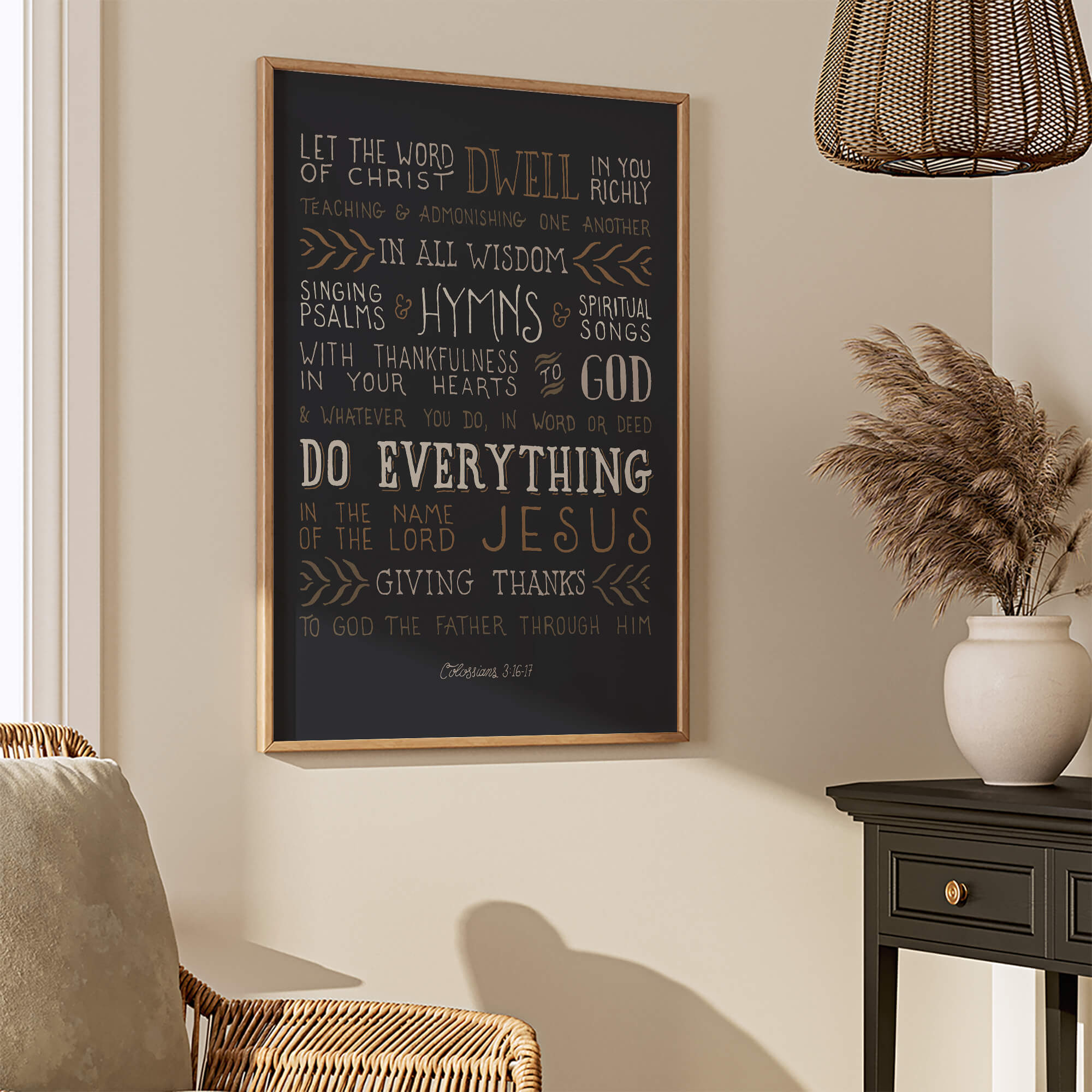 Colossians 3:16-17 Dwell In You Richly Scripture Type art print #color_charcoal