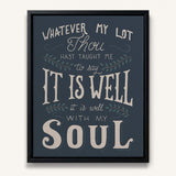 It Is Well With My Soul framed canvas art of well known hymn hand-drawn wall art by Scripture Type #color_navy