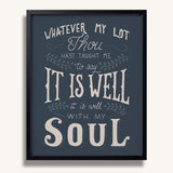 It Is Well With My Soul hand drawn framed wall art print by Scripture Type #color_navy