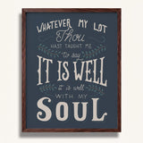 It Is Well With My Soul hand drawn framed wall art print by Scripture Type #color_navy